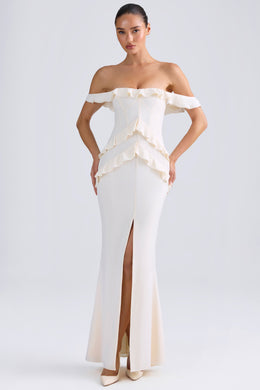 Off-Shoulder Ruffle-Trim Gown in Ivory