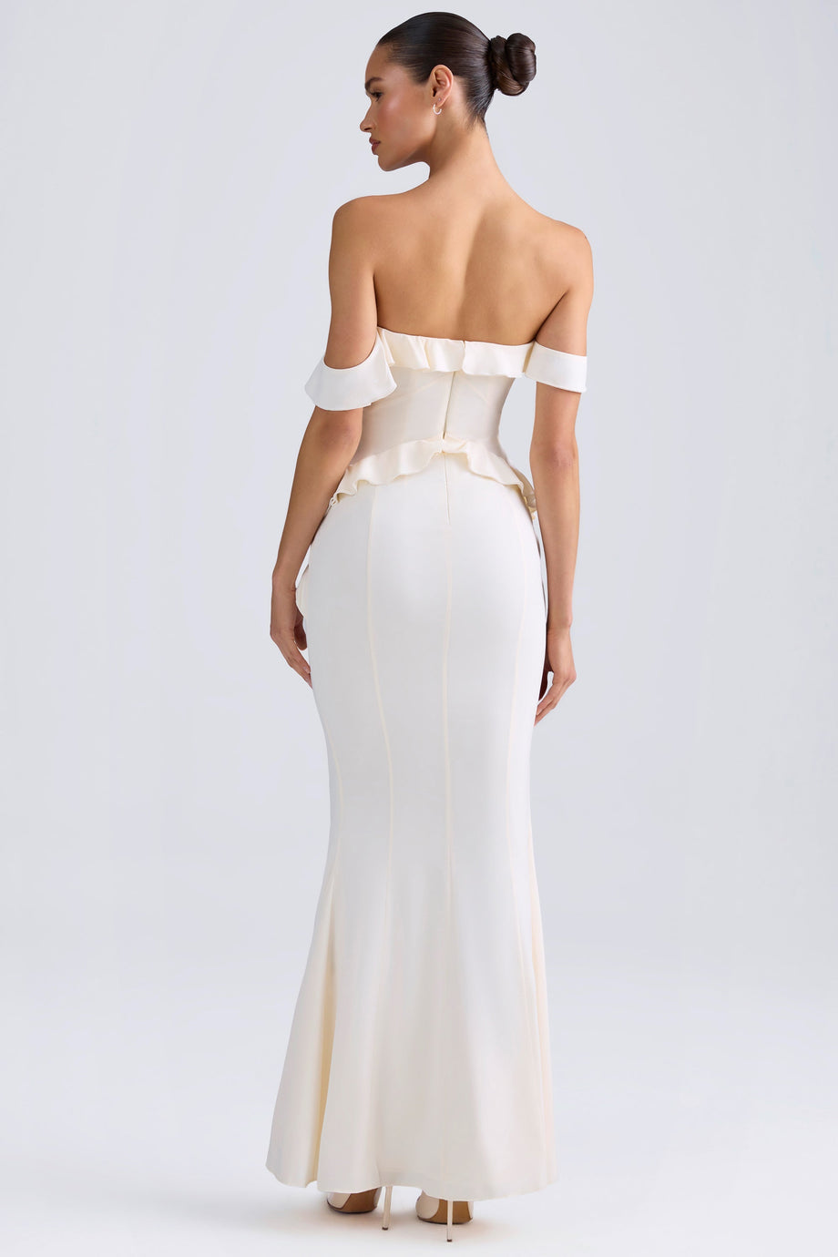 Off-Shoulder Ruffle-Trim Gown in Ivory