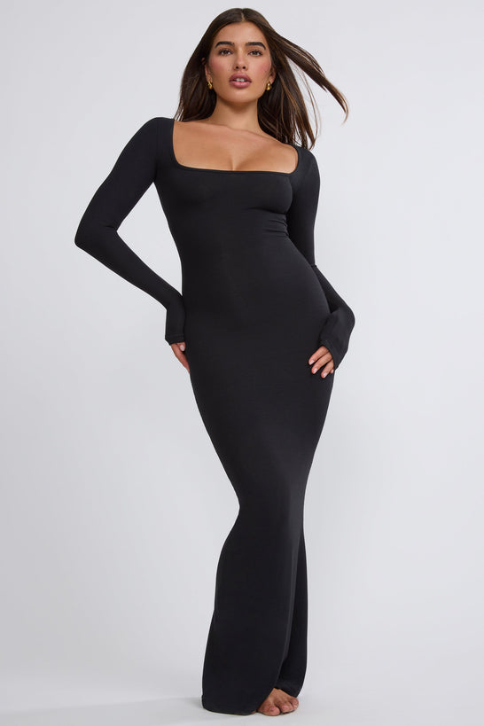 Ribbed Modal Long Sleeve Maxi Dress in Black - Main Image