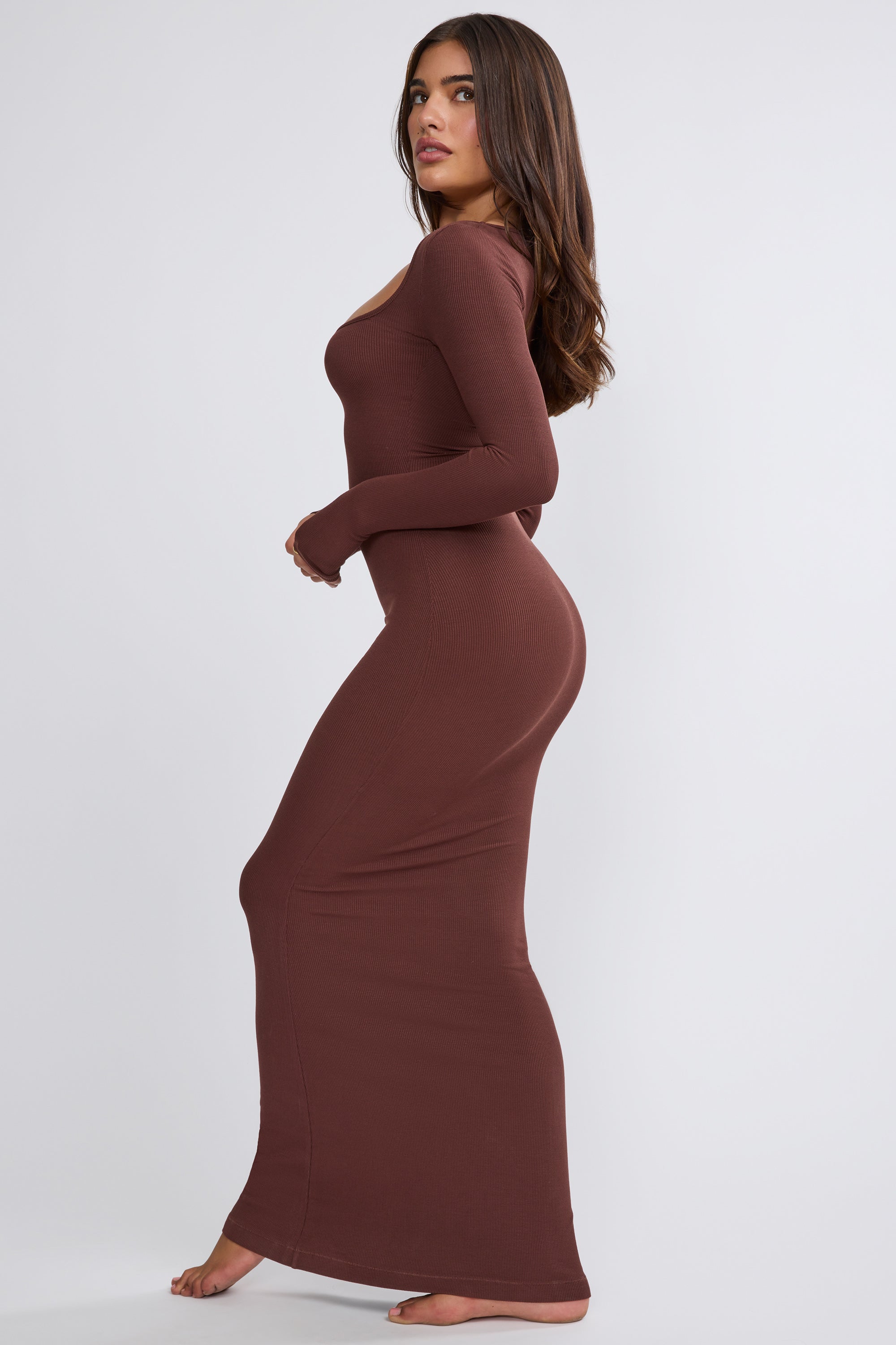 Jude Ribbed Modal Square Neck Long Sleeve Maxi Dress in Chocolate Oh Polly