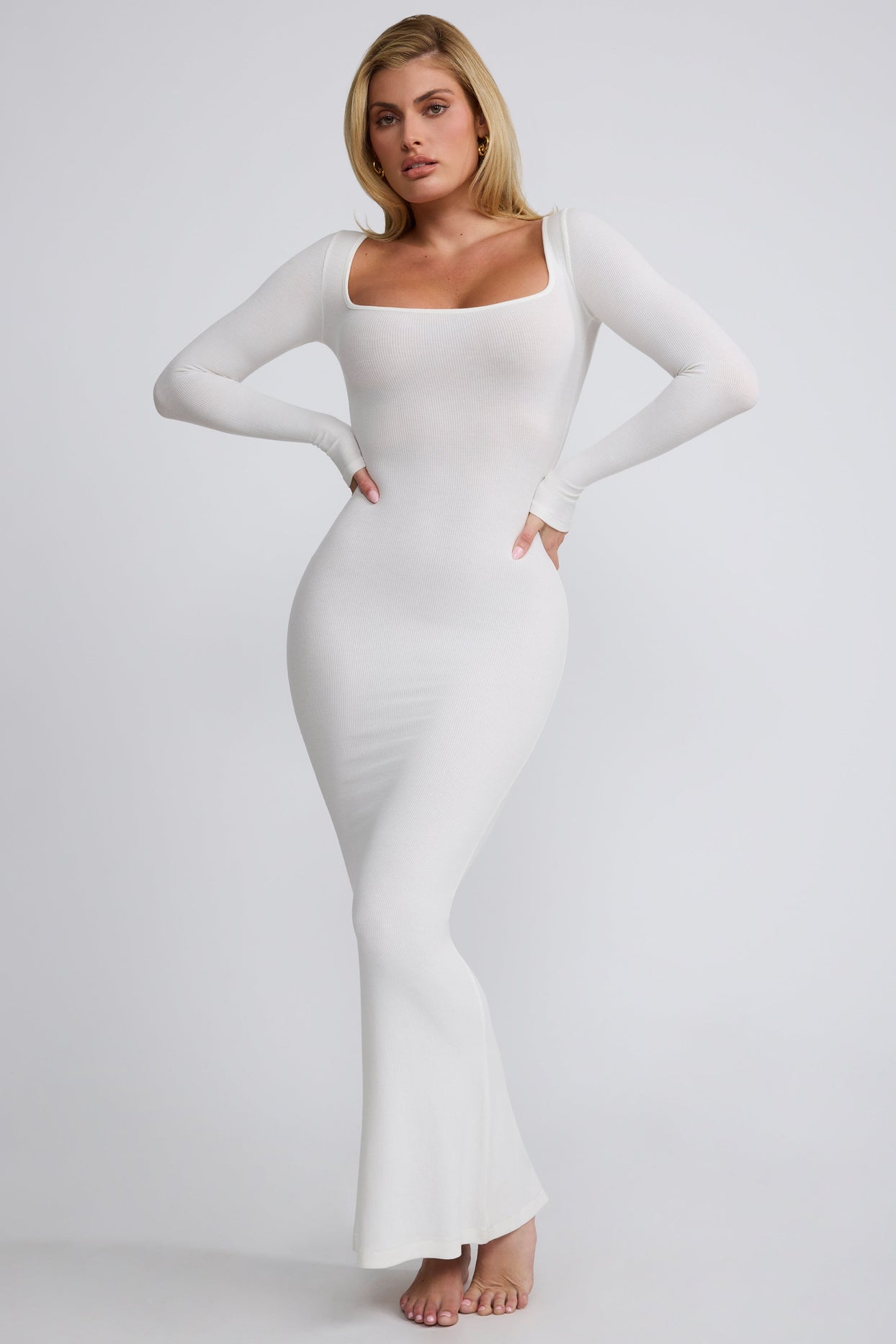 Ribbed Modal Long Sleeve Maxi Dress in White