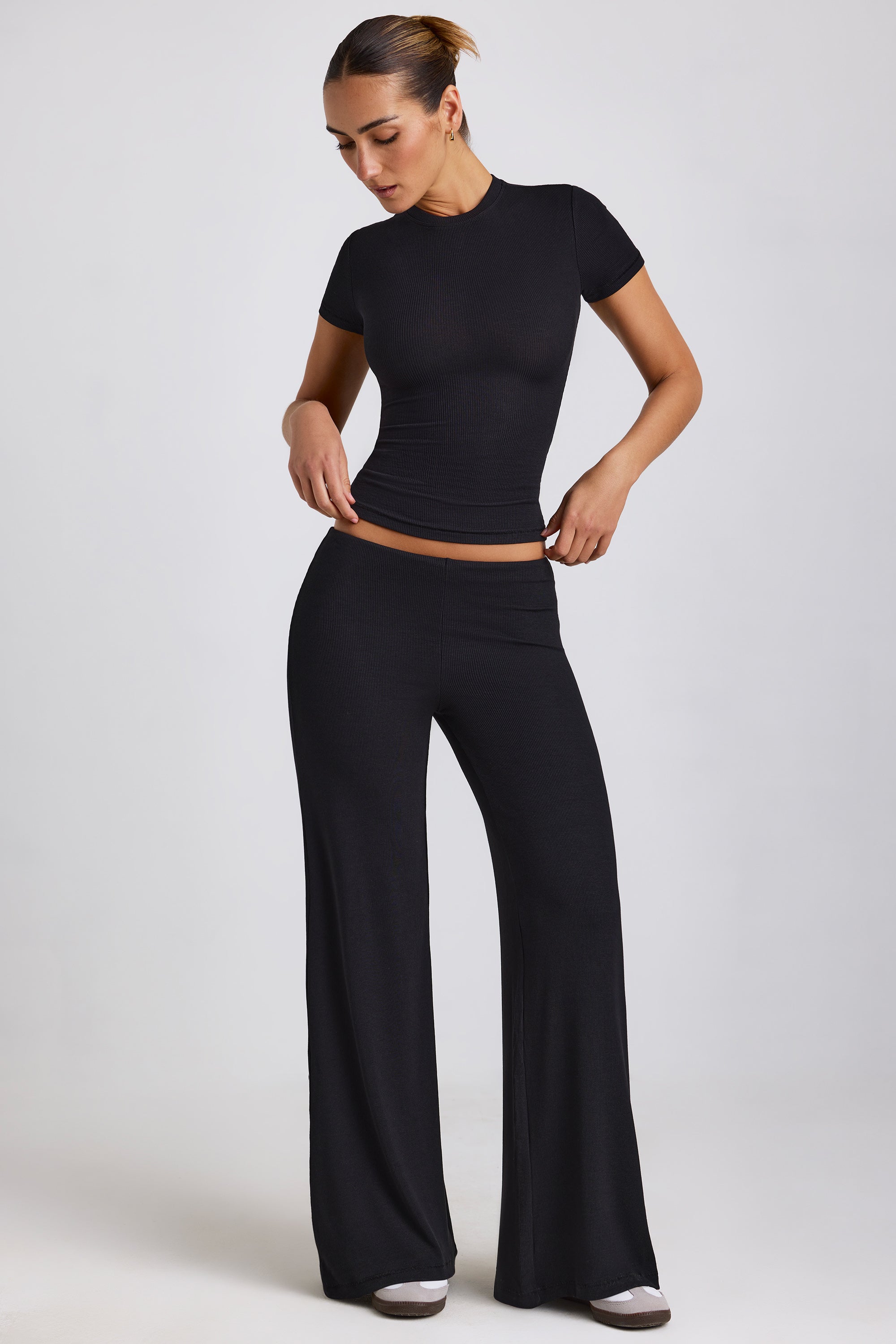 Nour Mid Rise Wide Leg Trousers in Black Oh Polly