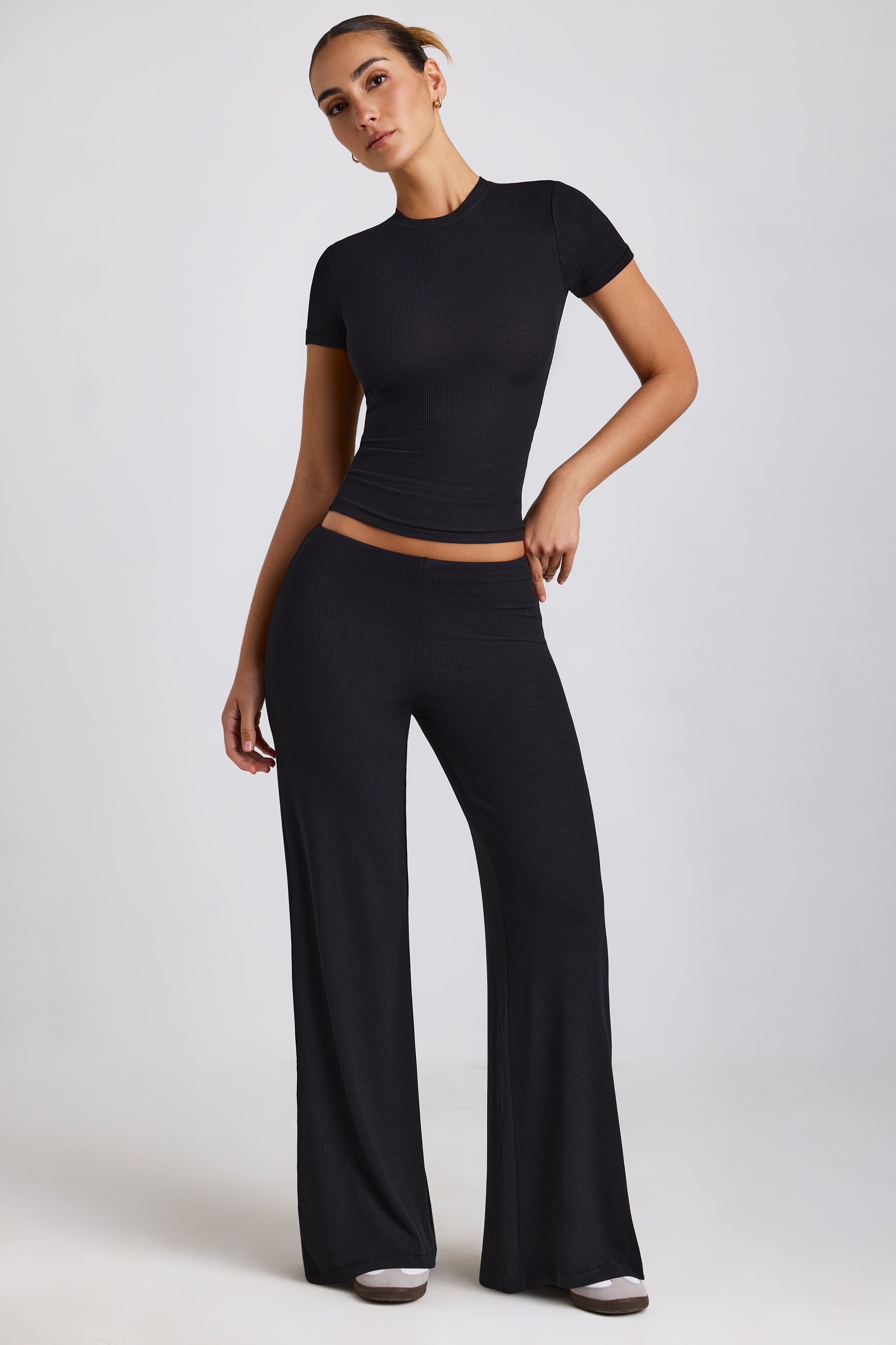 Nour Mid Rise Wide Leg Trousers in Black Oh Polly