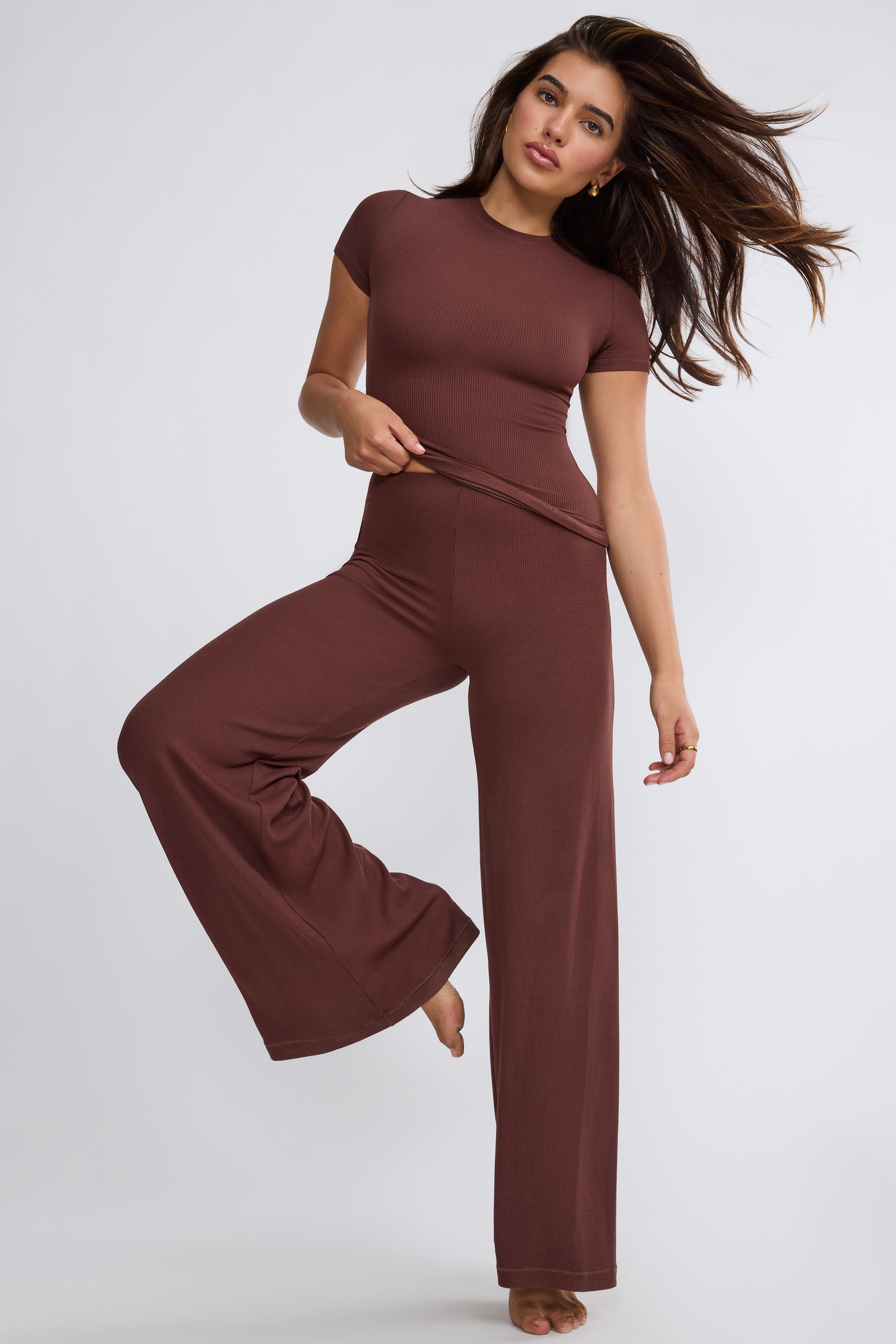 Nour Mid Rise Wide Leg Trousers in Chocolate Oh Polly