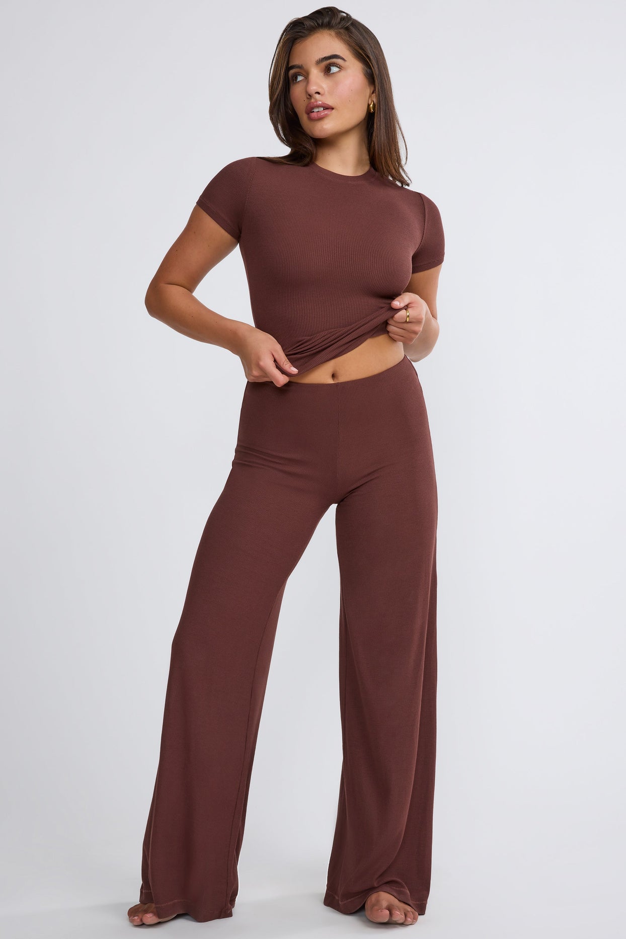 Tall Mid Rise Wide Leg Trouser in Chocolate