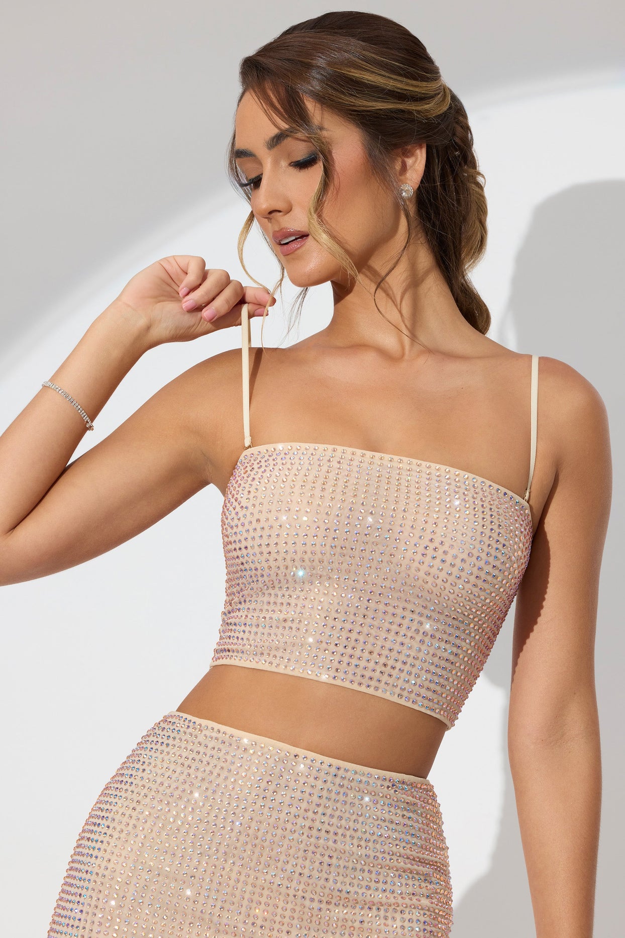 Embellished Strapless Crop Top in Champagne