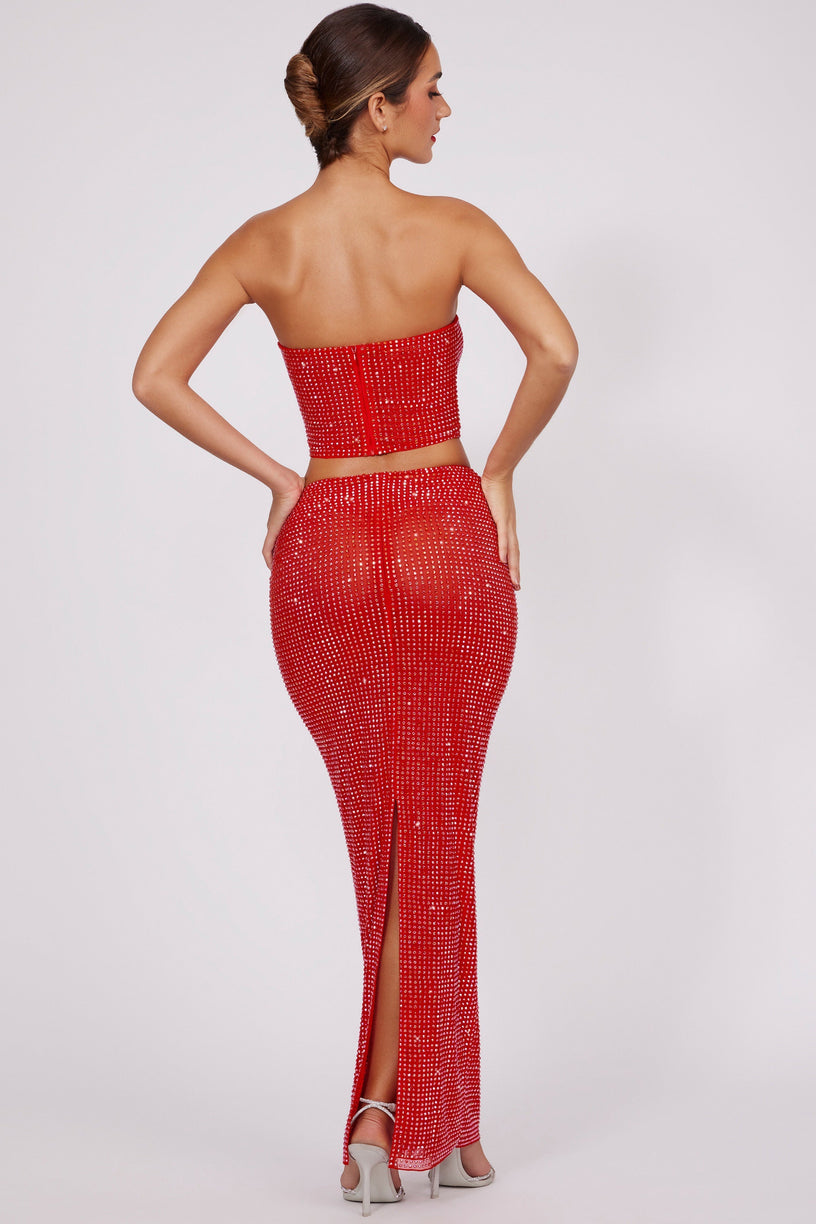 Embellished Mid Rise Maxi Skirt in Fire Red - 2