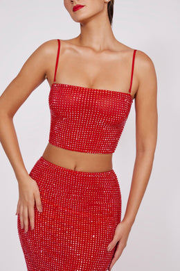 Embellished Strapless Crop Top in Fire Red