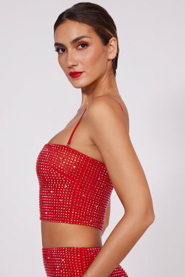 Embellished Strapless Crop Top in Fire Red