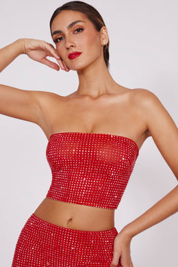 Embellished Strapless Crop Top in Fire Red