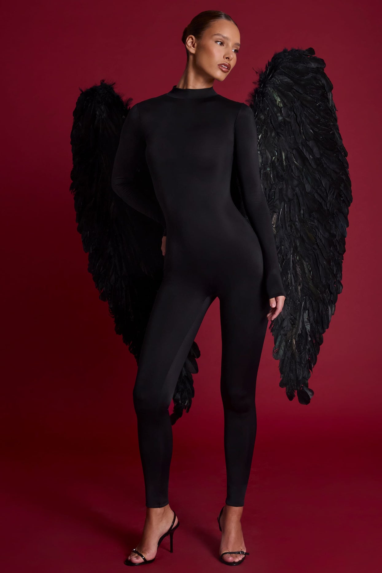 High Neck Long Sleeve Jumpsuit in Black