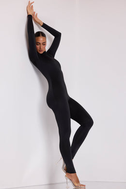 Petite High Neck Long Sleeve Jumpsuit in Black
