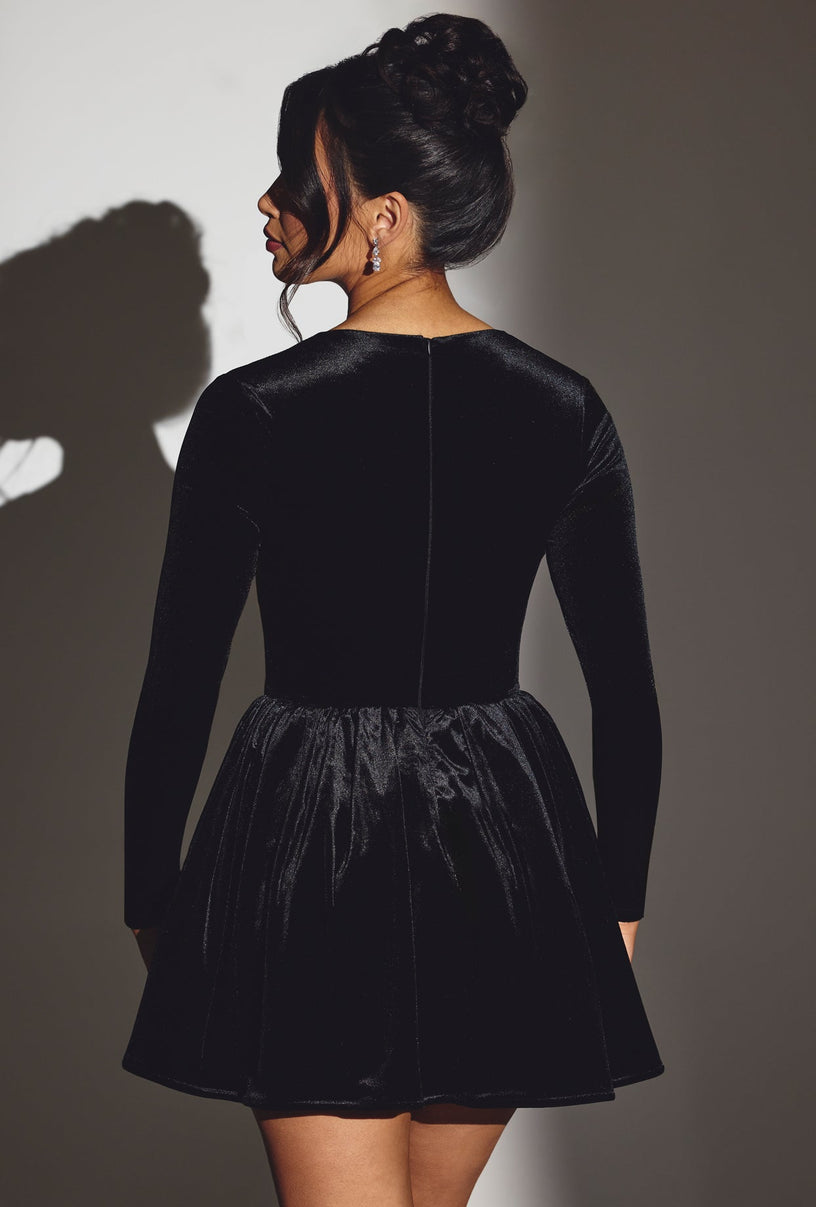 Velvet Long Sleeve Corset Mini Dress in Jet Black - 2