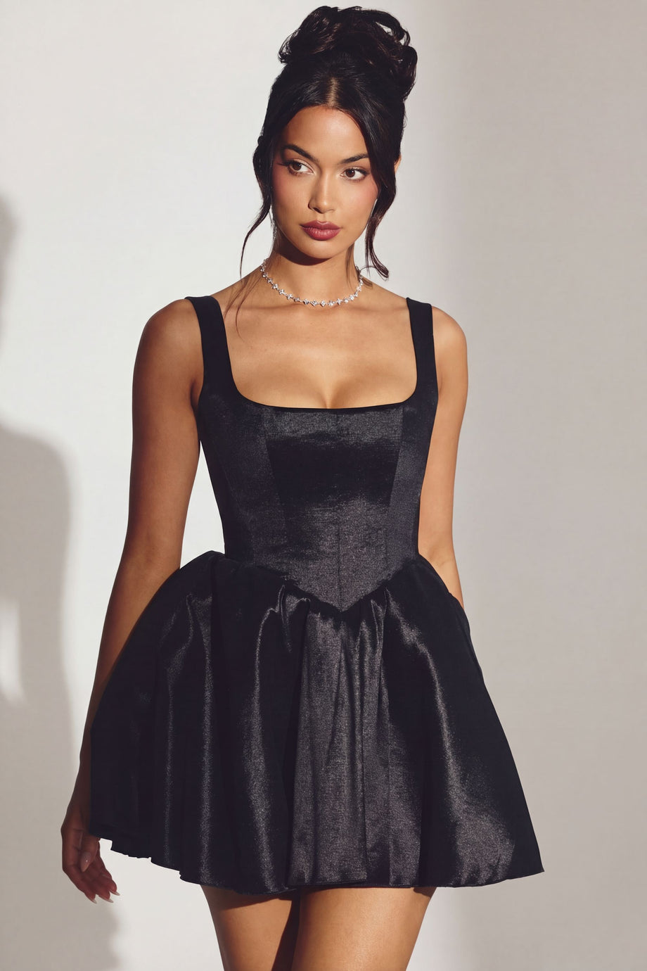 Woven Taffeta Corset Mini Dress in Jet Black