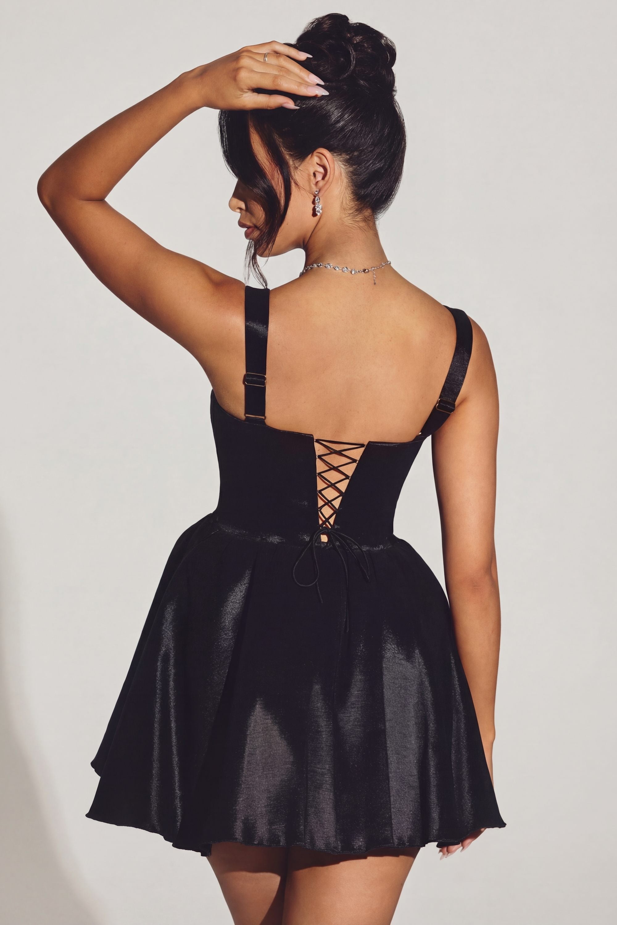 Sueno Woven Taffeta Square Neck Mini Dress in Jet Black