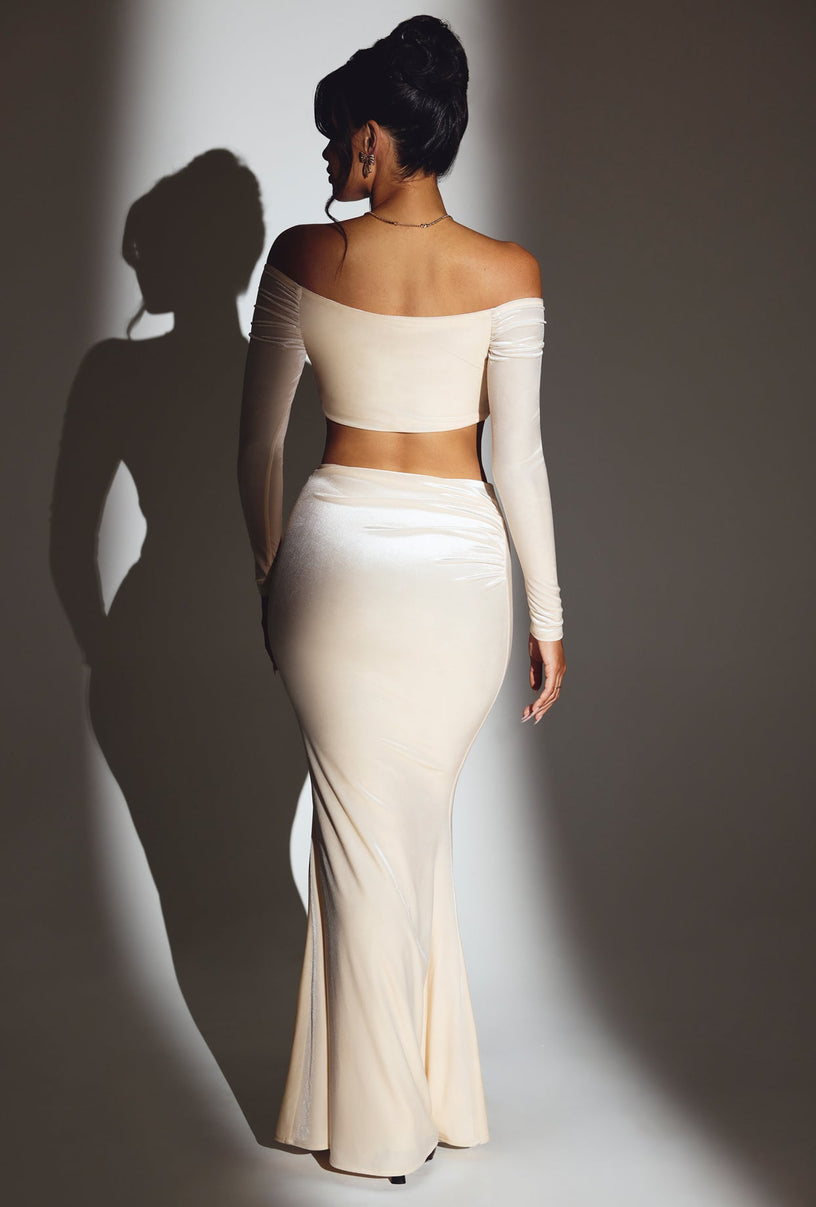Velvet Mid-Rise Maxi Skirt in Ivory - 2