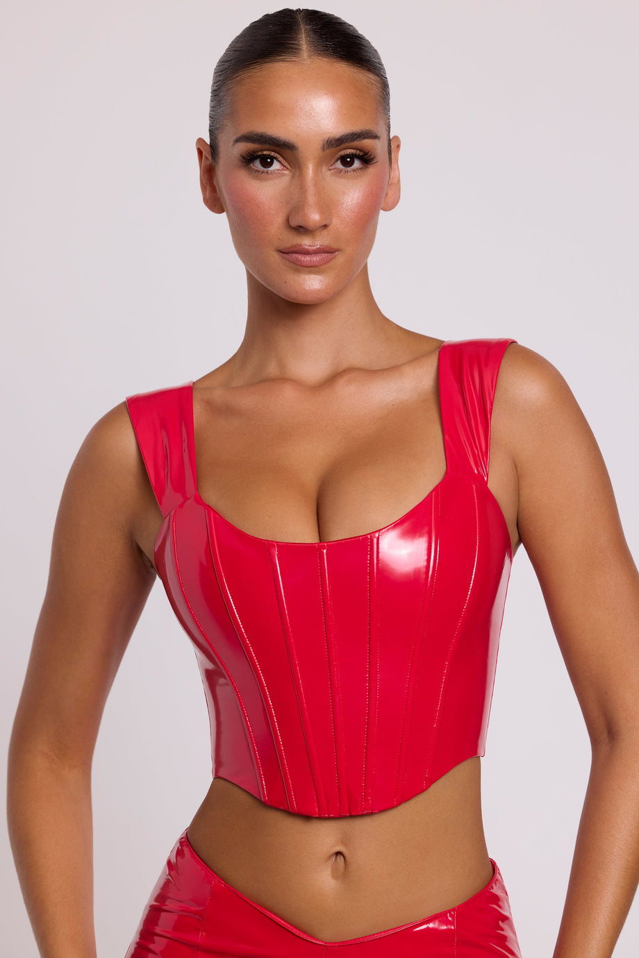 Vinyl Lace-Up Corset Top in Fire Red