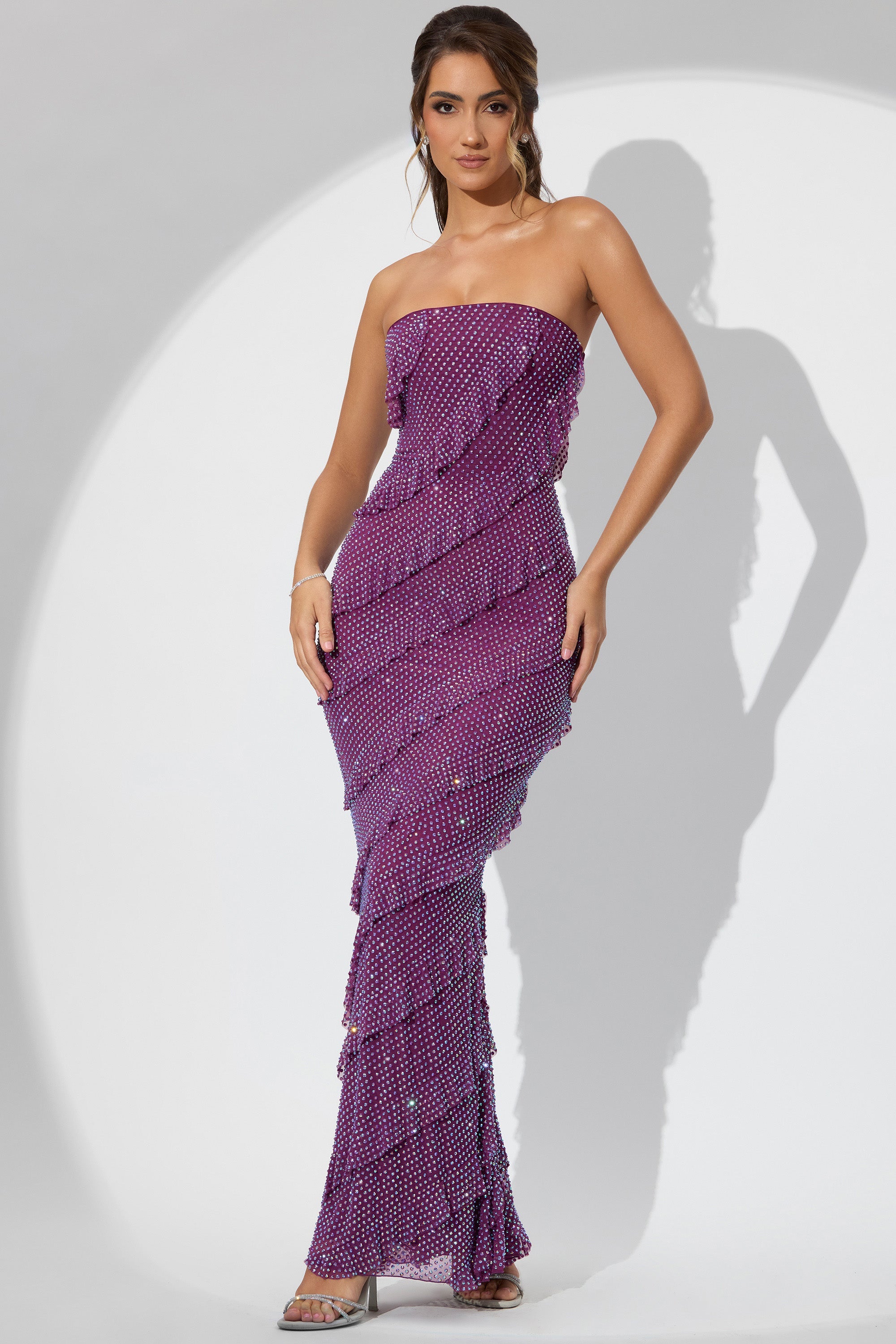 Dulce Embellished Strapless Ruffle Maxi Dress in Plum Oh Polly