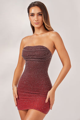 Embellished Strapless Mini Dress in Red/Brown Ombré