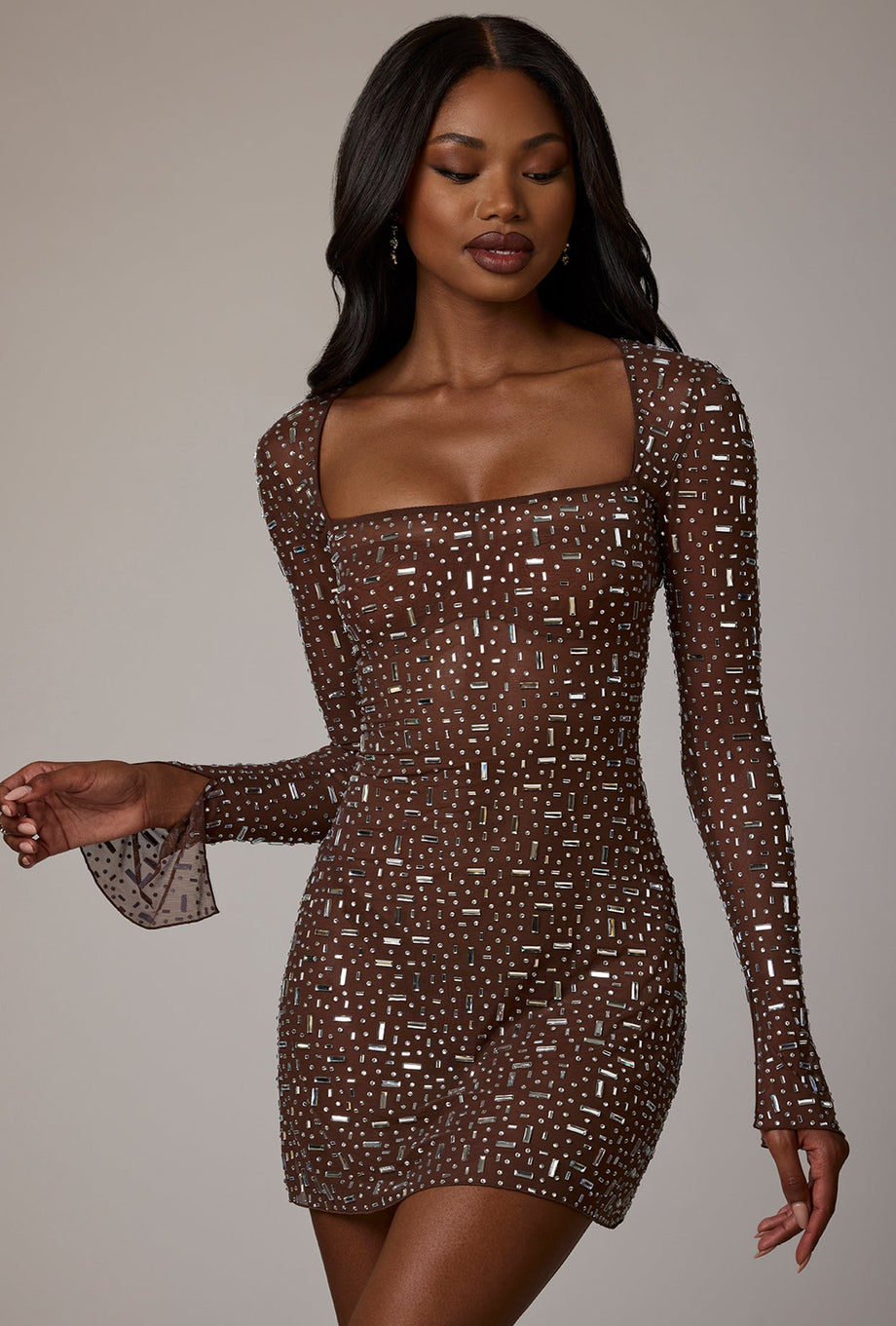 Sheer Embellished Long Sleeve A-Line Mini Dress in Deep Cocoa