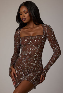 Sheer Embellished Long Sleeve A-Line Mini Dress in Deep Cocoa