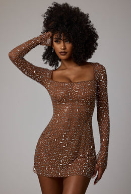 Sheer Embellished Long Sleeve A-Line Mini Dress in Mocha