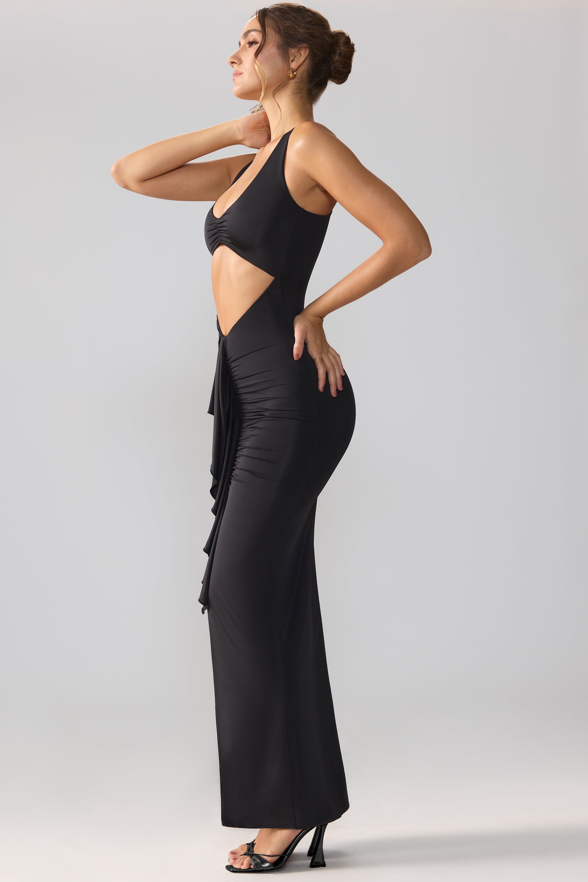 Calluna Slinky Jersey Cut Out Ruffle Racerback Maxi Dress in Black Oh Polly