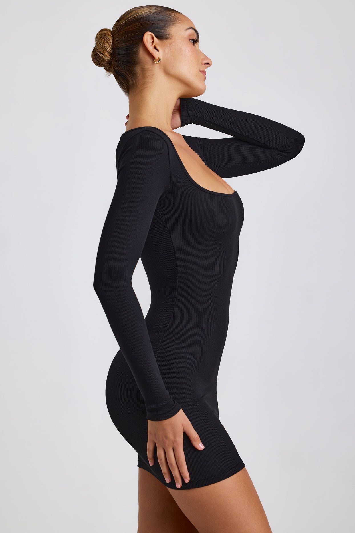 Ribbed Modal Long Sleeve Mini Dress in Black