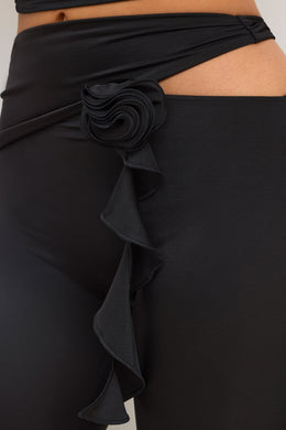 Premium Jersey Rose Detail Mid-Rise Flare Trousers in Black