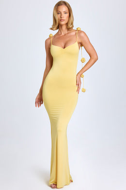 Slinky Jersey Floral-Appliqué Gown in Pastel Yellow