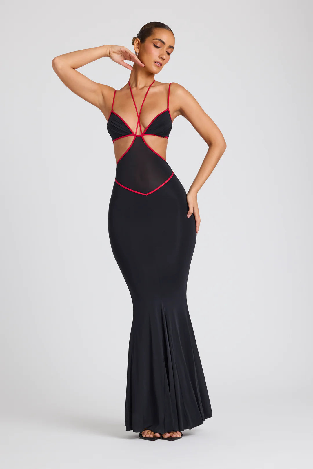 Contrast Binding Cut Out Evening Gown in Black