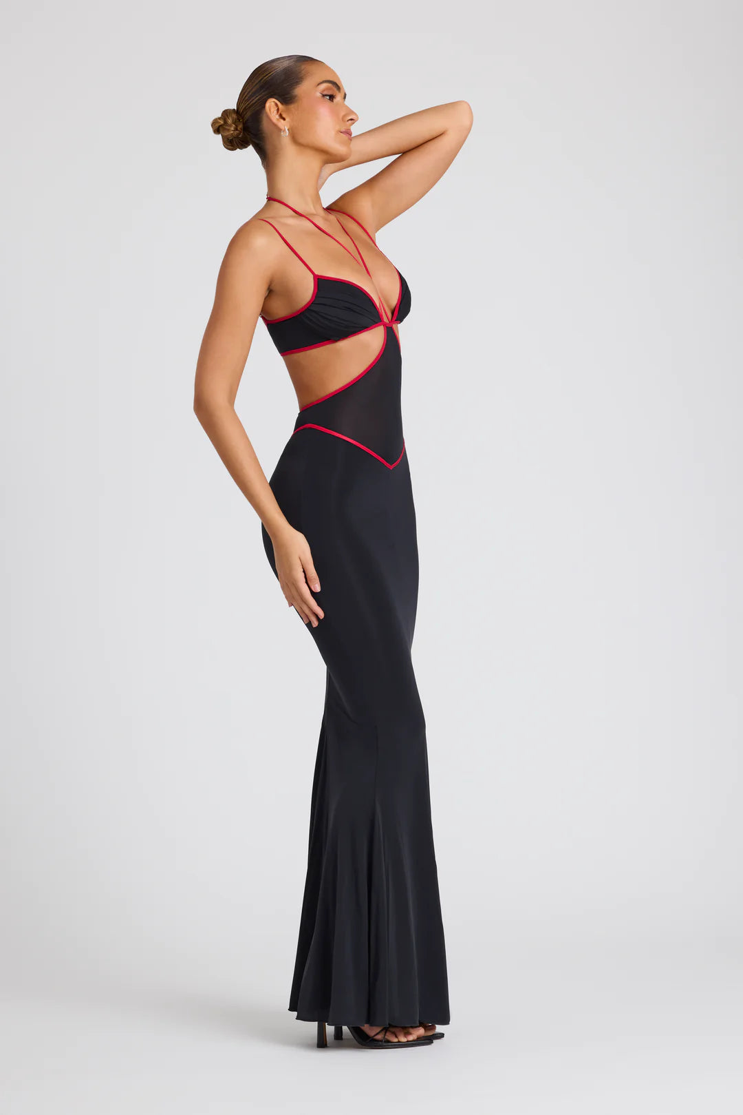 Contrast Binding Cut Out Evening Gown in Black