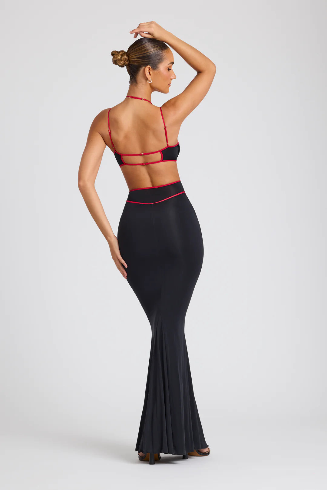 Contrast Binding Cut Out Evening Gown in Black