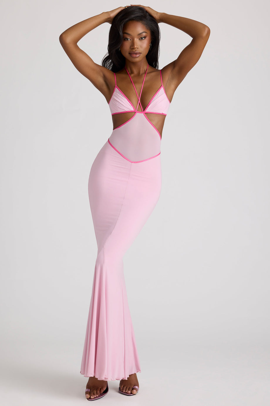 Contrast Binding Cut Out Evening Gown in Soft Pink