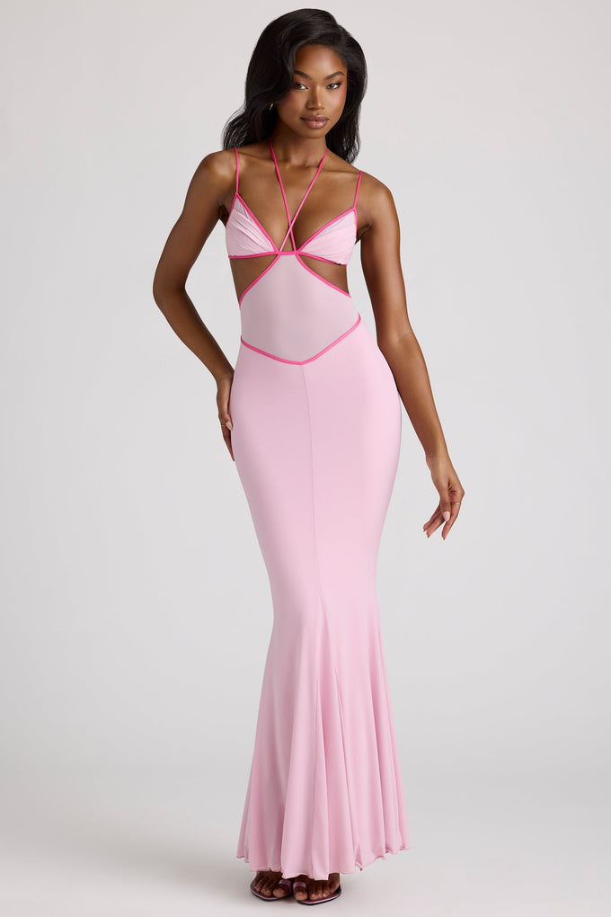 Contrast Binding Cut Out Evening Gown in Soft Pink
