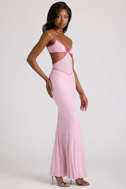 Contrast Binding Cut Out Evening Gown in Soft Pink