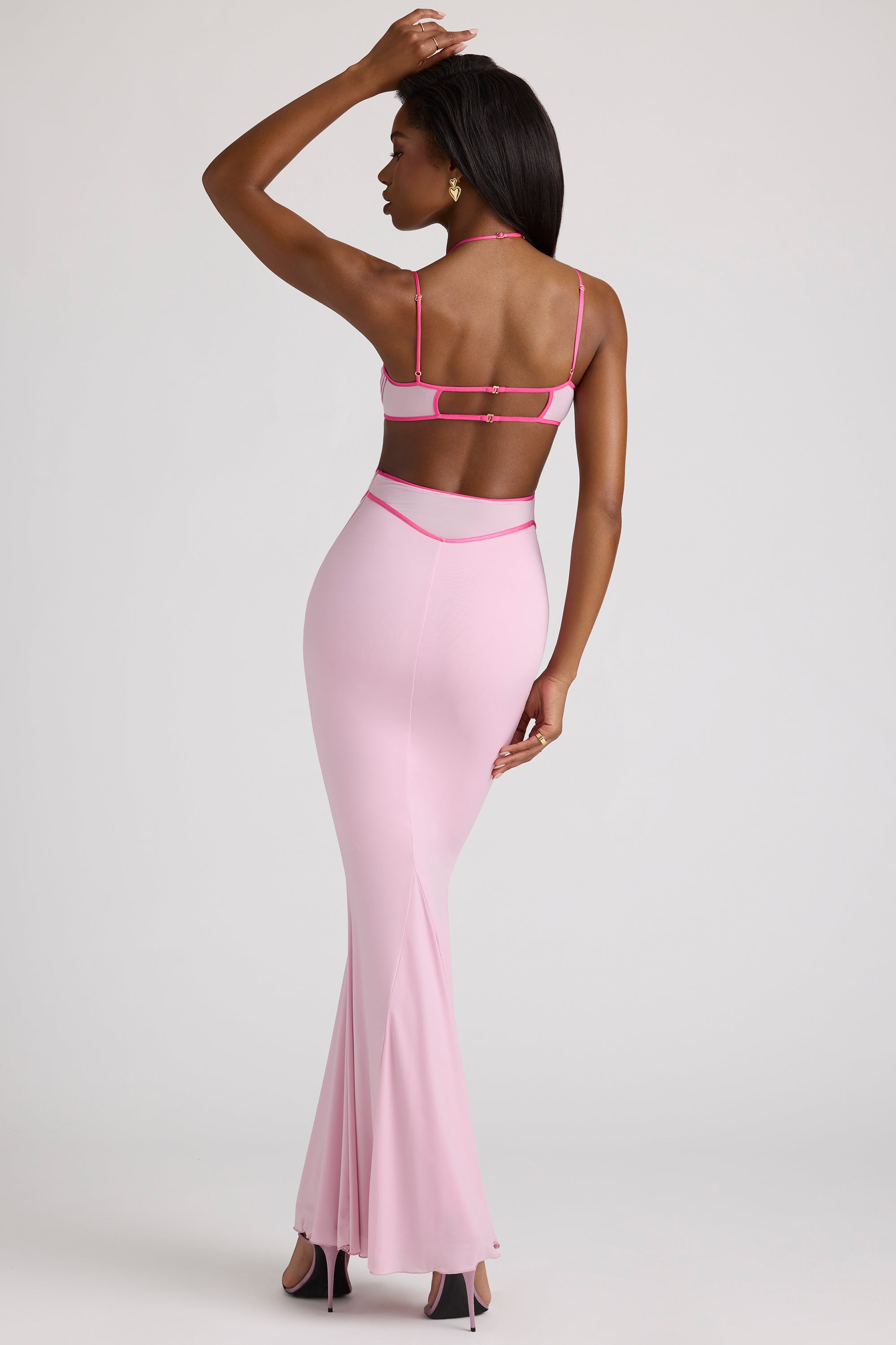 Contrast Binding Cut Out Evening Gown in Soft Pink