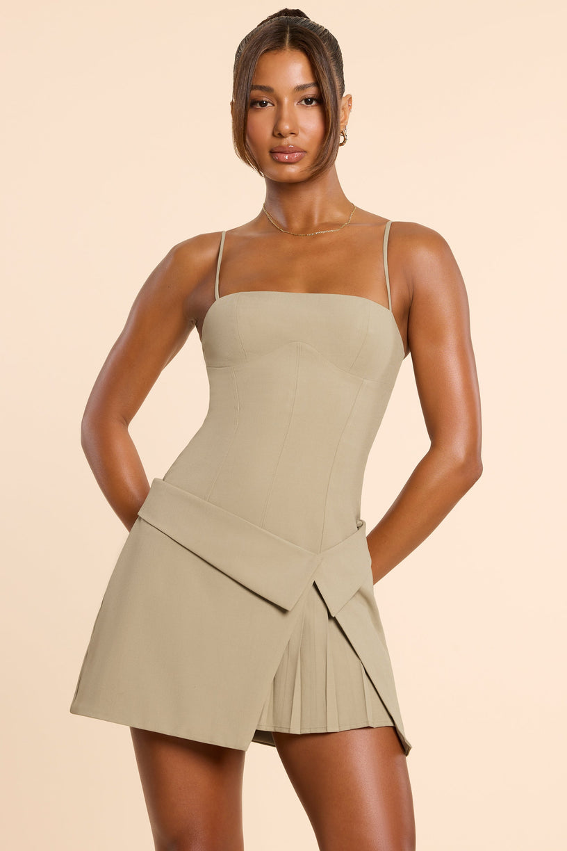 Woven Twill Wrap Over Pleated Mini Dress in Taupe - 1
