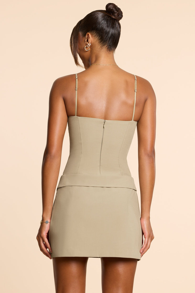 Woven Twill Wrap Over Pleated Mini Dress in Taupe - 2