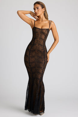 Sheer Lace Fishtail Gown in Black