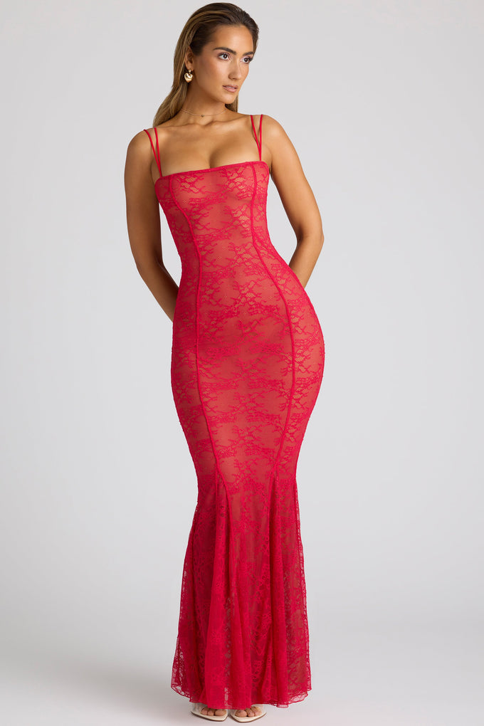 Sheer Lace Fishtail Gown in Cherry Red