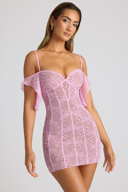 Sheer Lace A-Line Mini Dress in Baby Pink
