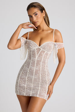 Sheer Lace A-Line Mini Dress in Ivory