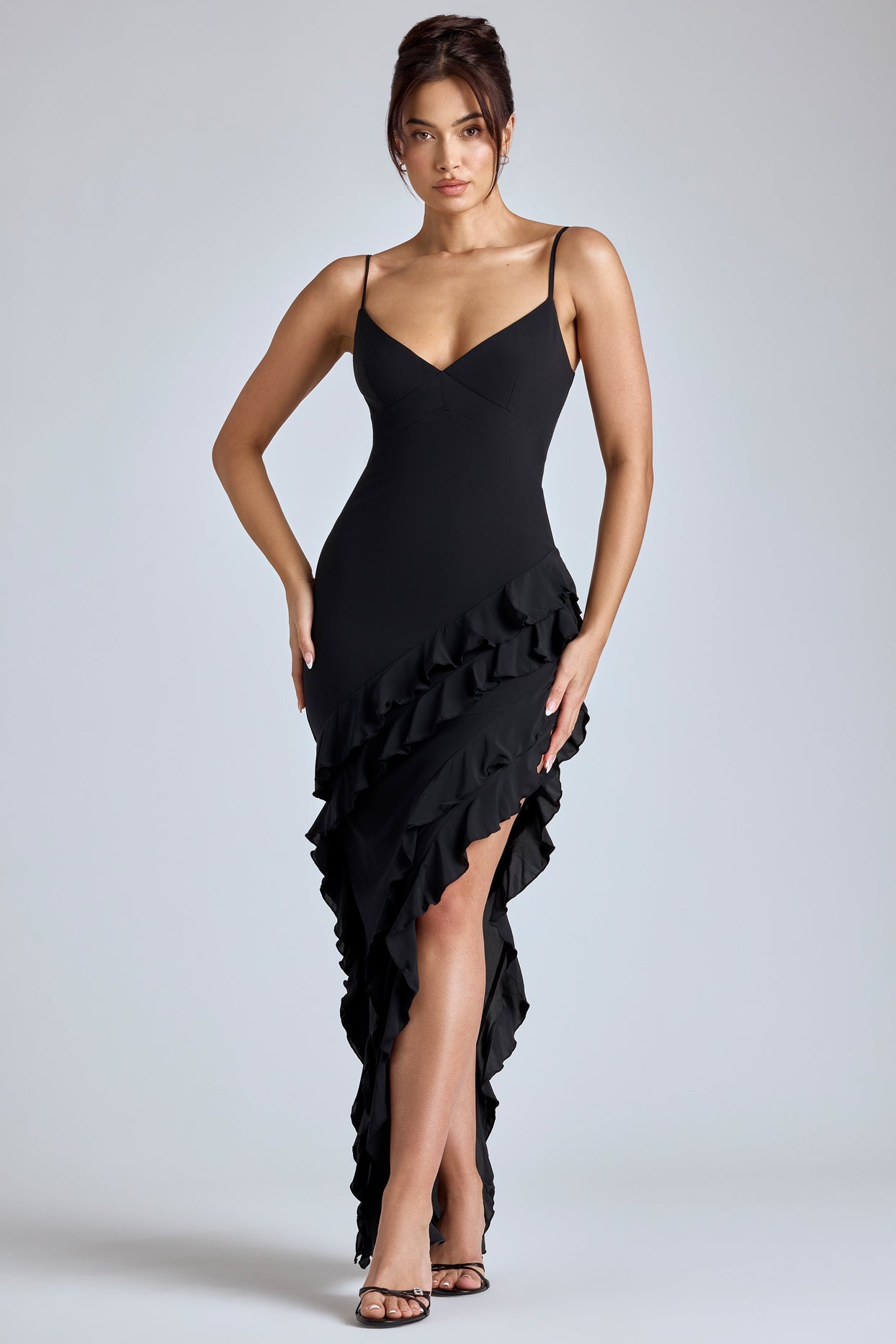 Aurelie Panelled Ruffle Evening Gown in Black Oh Polly AE Aurelie Panelled Ruffle Evening Gown in Black Oh Polly AE