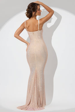 Embellished Corset Fishtail Evening Gown in Champagne