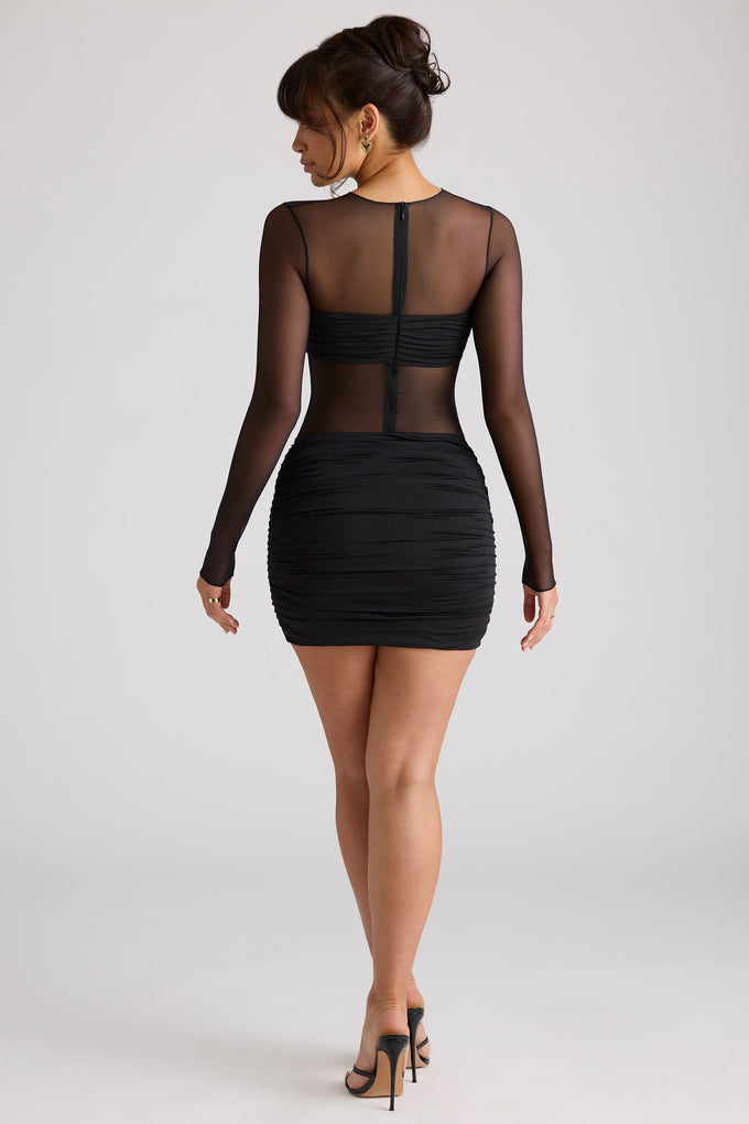Sheer Panelled Long Sleeve Mini Dress in Black