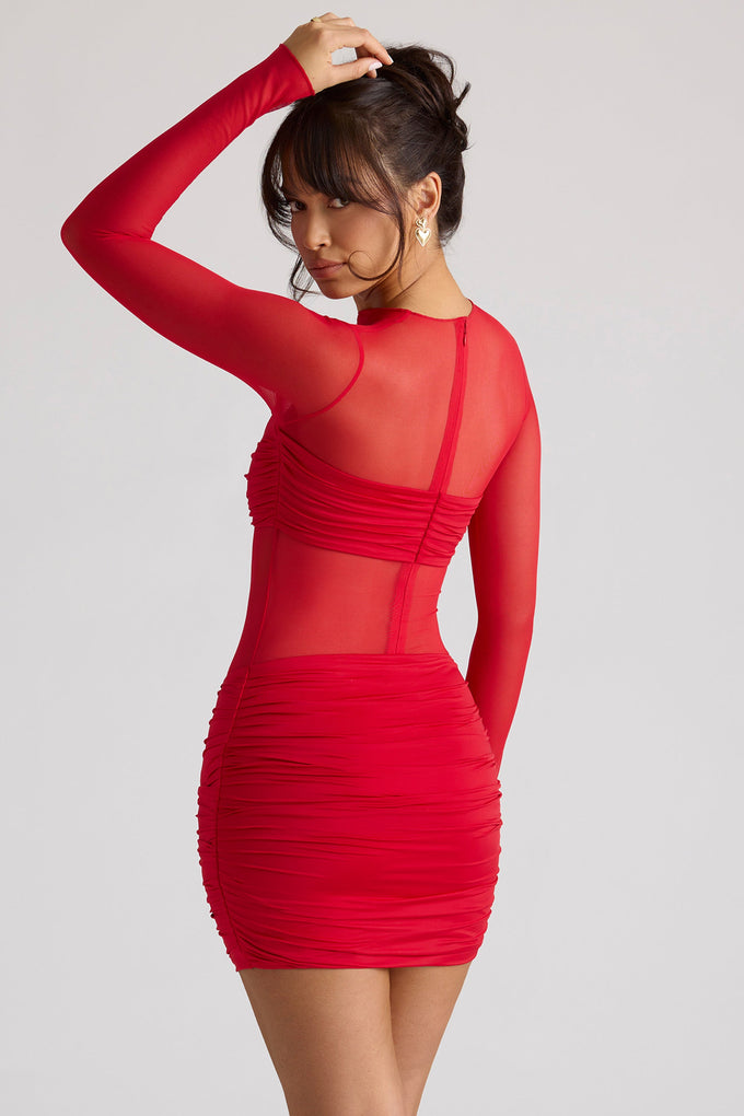 Sheer Panelled Long Sleeve Mini Dress in Fire Red