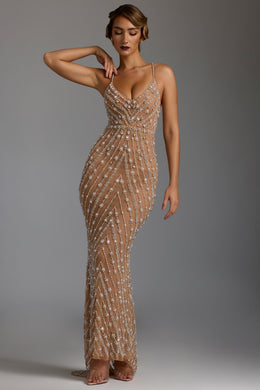 Hand Embellished Sheer Evening Gown in Almond