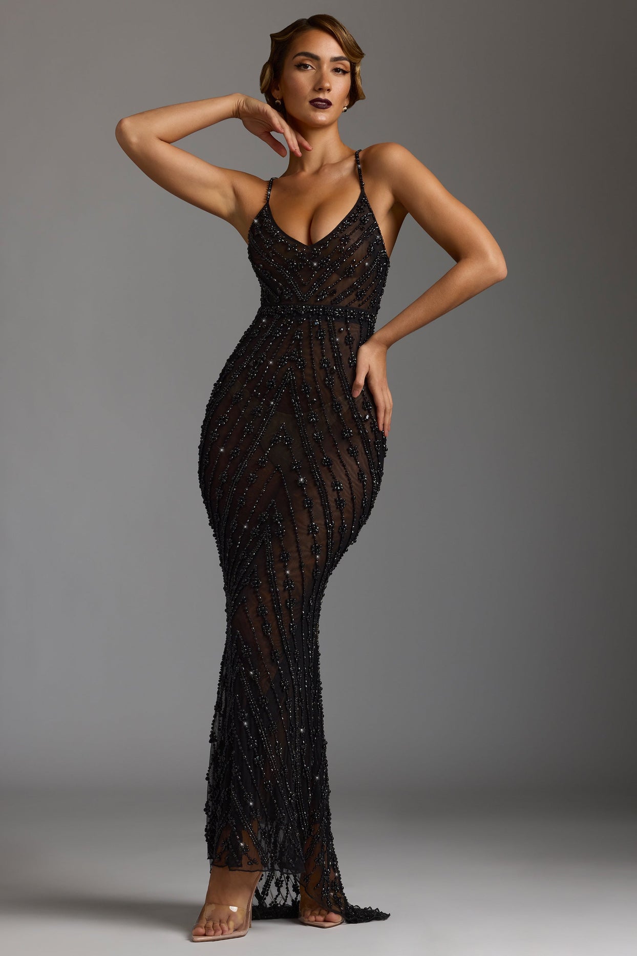 Giorgia Hand Embellished Sheer Evening Gown in Black