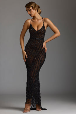 Hand Embellished Sheer Evening Gown in Black